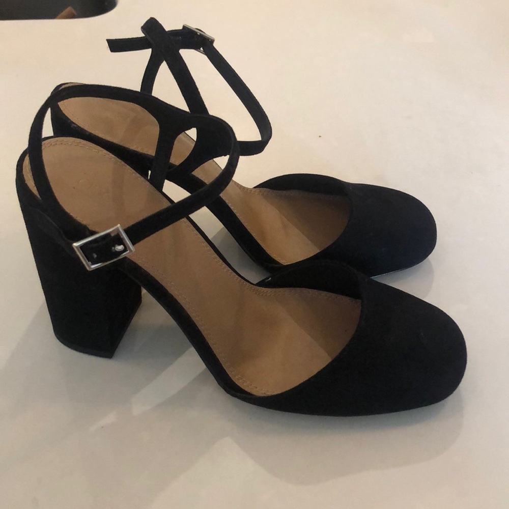 ASOS black round toe suede heels